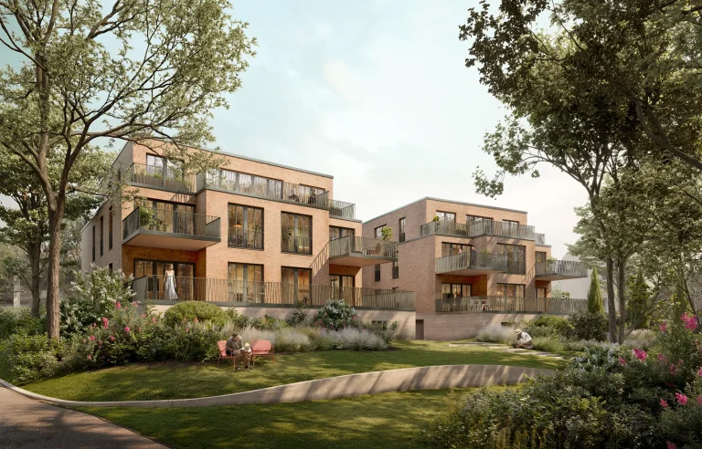 Moderne Wohngebäude inmitten einer grünen Parklandschaft mit Bäumen und Blumen